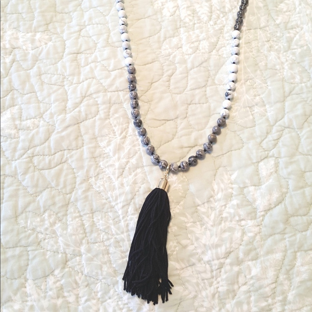 Grey and White Necklace with Removable Tassel